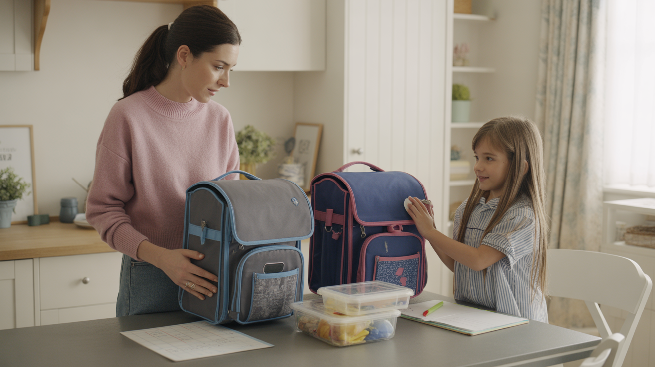 A parent comparing a family planning setup with school items ready nearby