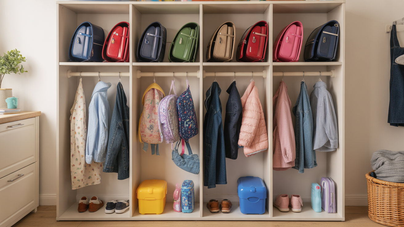 A family home setup with multiple children’s school bags and kit organised separately