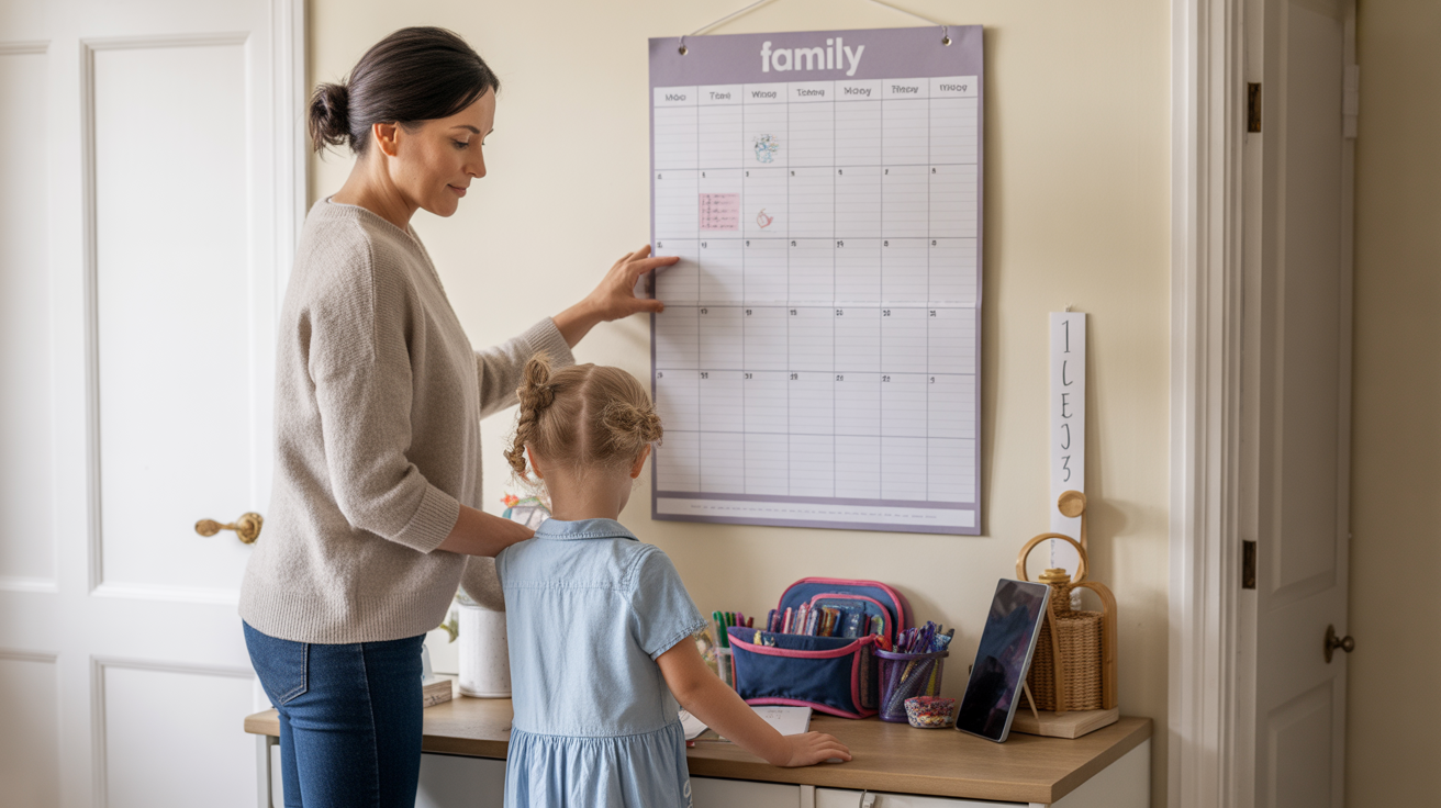A parent checking a family calendar and school bag plans at home